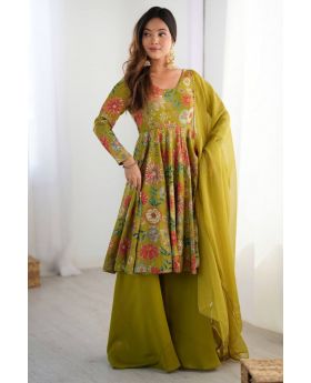 Green Soft Romansilk Chanderi Sharara Dupatta Suit Set