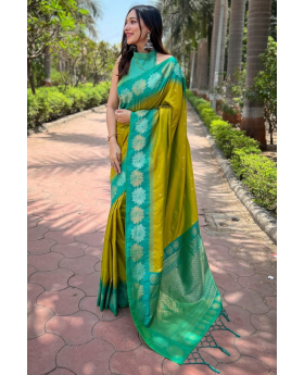 Little designs on a green soft silk saree Zari Weaving