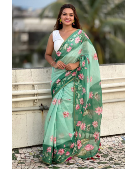 Zari Weaving Work on a Green Soft Silk Saree