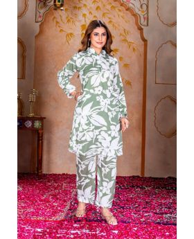 Green Elegant Floral BSY Chinon Kurti Pant Co-ord Set
