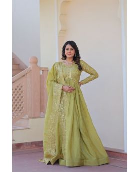 Green Gold Crush Fabric Gown & Dupatta Set with Embroidery
