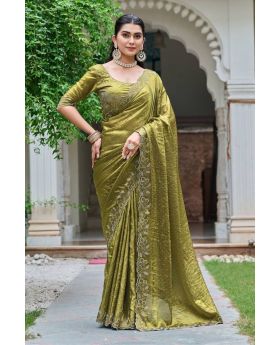 Green Pure Fendy Silk Saree Featuring Heavy Diamond Work