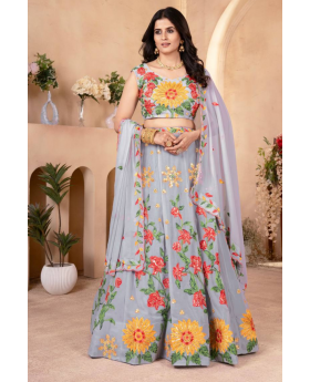 Grey Lehanga Choli Suit Set with Embroidered Faux Georgette