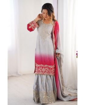 Grey-Pink Chinon Silk Sharara Kurta Set with Rivet Moti
