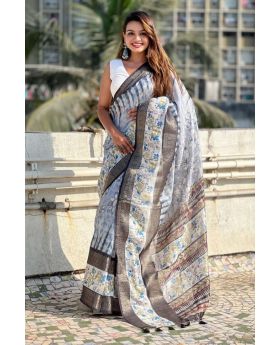 Flower-patterned soft Chanderi crush saree in grey 
