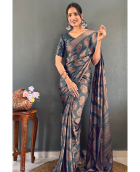 Patchwork Grey Soft Moss Silk Banarasi Saree