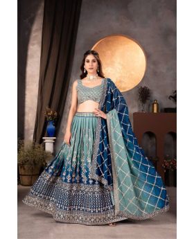 Grey and Blue Faux Georgette Lehenga Set with Embroidered