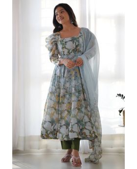 Grey Organza Silk Anarkali Gown Set with Floral Print