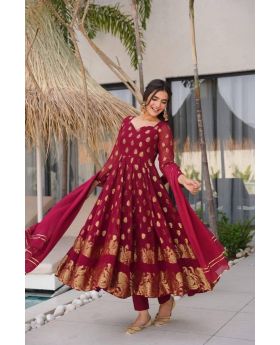 Jacquard Weaving Anarkali Suit Set with Dupatta & Pant