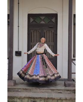 Kutchi Embroidered Roman Choli with Cotton Printed Lehenga