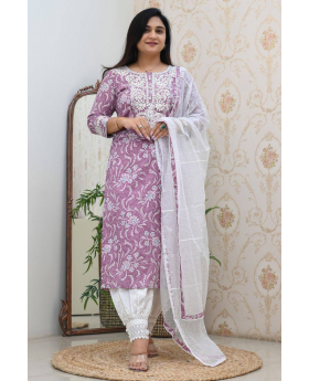 Cotton Chikankari Floral Paisley Print in Lavender.