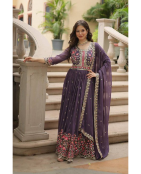 Lavender Faux Georgette Gown With Dupatta Embroidered