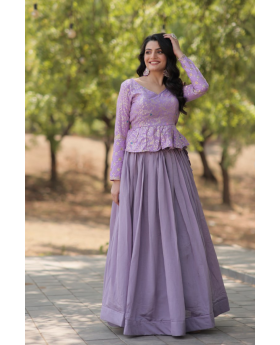 Embroidered Lavender Shimmer Vichitra Lehanga Top Set