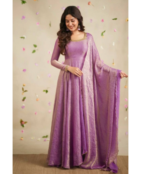 Soft Gold Crush Silk Gown in Lavender with Dupatta