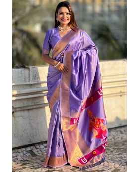 Soft silk sarees in lavender with floral patterns
