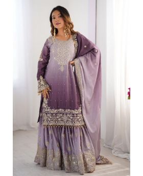 Lavender Chinon Silk Sharara Kurta Set with Rivet Moti