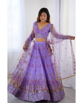 Lavender Elegant Semi-Stitched Soft Net Lehenga Set with Thread Sequence