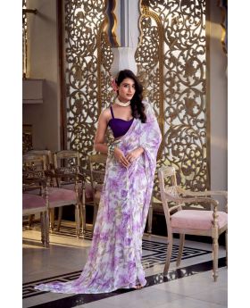 Lavender Floral Printed Marble Look Saree with Moonga Silk Blouse