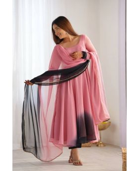 Light Pink Romansilk Chanderi Anarkali Pant Dupatta Suit Set