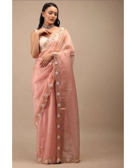 Light Orange Zimmy Chu Saree with Detailed Hand & Cut Work