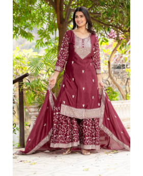 Three-piece Maroon Chinon Sharara Suit Set with Embroidered Lace Border