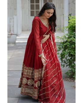Faux Blooming Anarkali Gown in Maroon with Embroidered Dupatta 