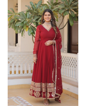 Faux Blooming Georgette Gown in Maroon with Embroidered Dupatta