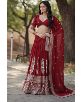 Georgette Lehanga Choli Dupatta Set in Maroon Faux Blooming