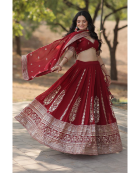 Georgette Lehanga Choli Dupatta Set in Maroon Faux Blooming