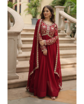 Faux Blooming Gown in Maroon with Zari Embroidered Dupatta