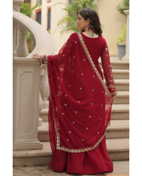 Faux Blooming Gown in Maroon with Zari Embroidered Dupatta