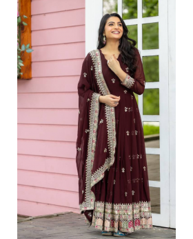 Faux Maroon Embroidered Georgette Gown