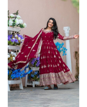 Faux Maroon Georgette Dress Featuring Embroidery