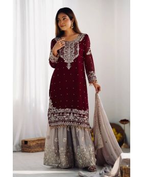 Maroon Heavy Faux Georgette Red Sharara Dupatta Suit Set