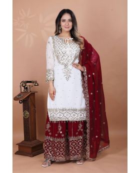 Maroon Heavy Faux Georgette Sharara Dupatta Suit Set