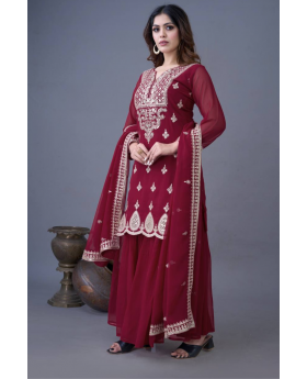 Maroon Heavy Georgette 3 Piece Kurti Dupatta Suit Set Embroidered