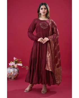 Embroidered Maroon Heavy Roman Silk Gown
