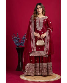 Sharara Dupatta Set with Maroon Pure Heavy Chinnon Embroidery