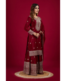 Sharara Dupatta Set with Maroon Pure Heavy Chinnon Embroidery