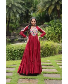 Maroon Rayon Long Floor Length Gown Kutchi Gamthi Work