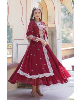 Diable Jacquard Gown in Maroon Viscose with Dupatta