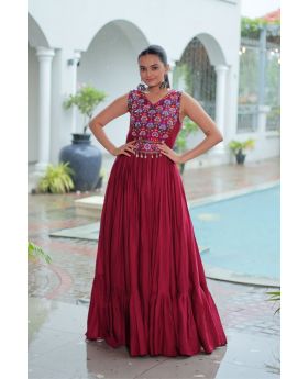 Maroon Designer Kutchi Gamthi Embroidered Navratri Gown