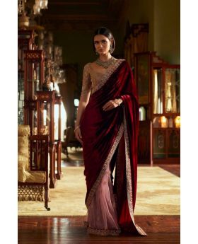 Maroon Designer Velvet-Net Saree with Sequin, Thread & Embellishments