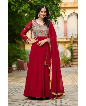Maroon Embroidered Faux Blooming Gown with  Lace Dupatta