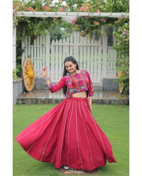 Maroon Festive Roman Fabric Lehenga with Embroidered Top