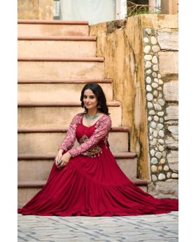 Maroon Navratri Gown in Rayon with Kutchi Gamthi & Cotton Print Embroidery