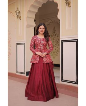 Maroon Peplum Top & Flair Pure Shimmer Vichitra Lehenga Set