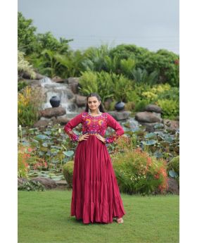 Maroon Rayon Gown For Navratri Festival And  Kutchi Gamthi Work Rayon Gown