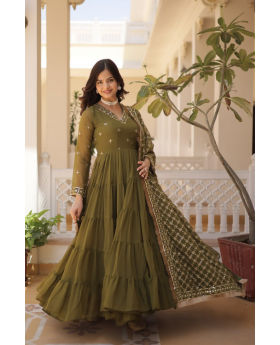 Fake Meahndi Georgette Gown Embroidered with Dupatta Sequins