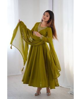 Mehandi Green Pure Soft Georgette Anarkali Dupatta Pant Suit Set
